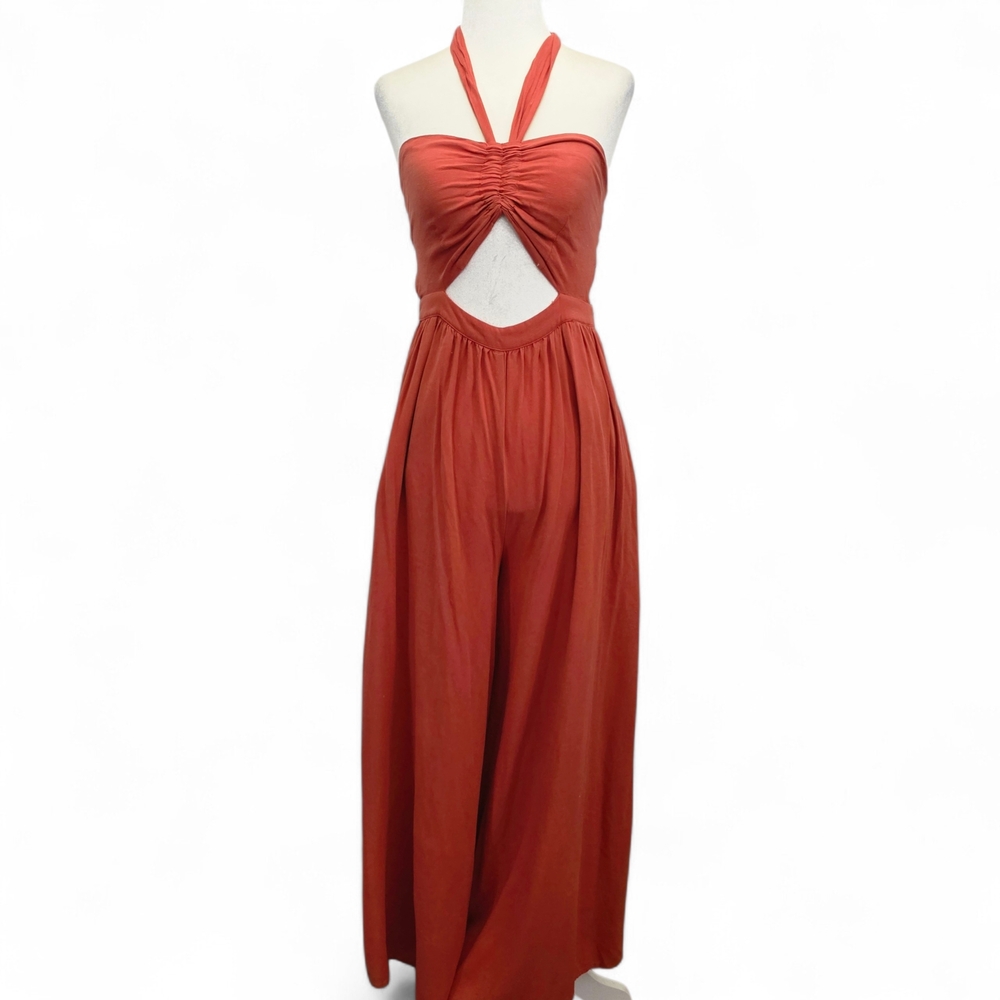 Miou Muse Halter Neck Cutout Jumpsuit in Rust